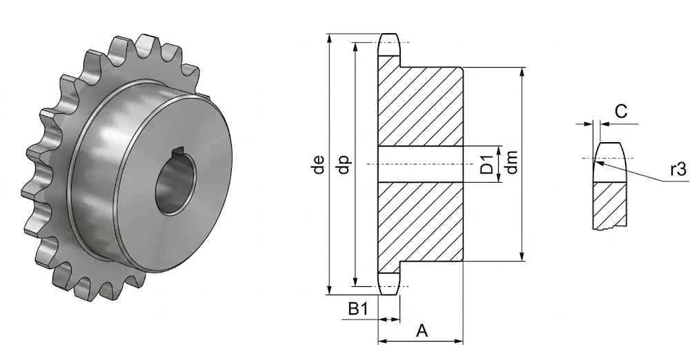 kettenrad-zahnrader-products-EP-1 2×1 4 Roller 8.51 European Sprocket-draft