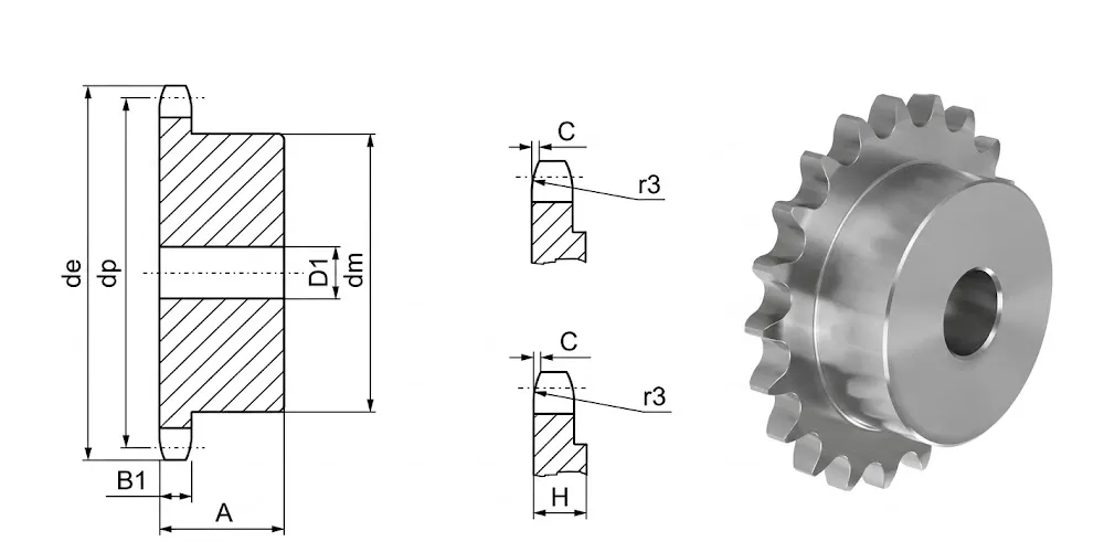 kettenrad-zahnrader-products-EP 1 2×1 8 European Sprockets — 081B-1 Series-Draft