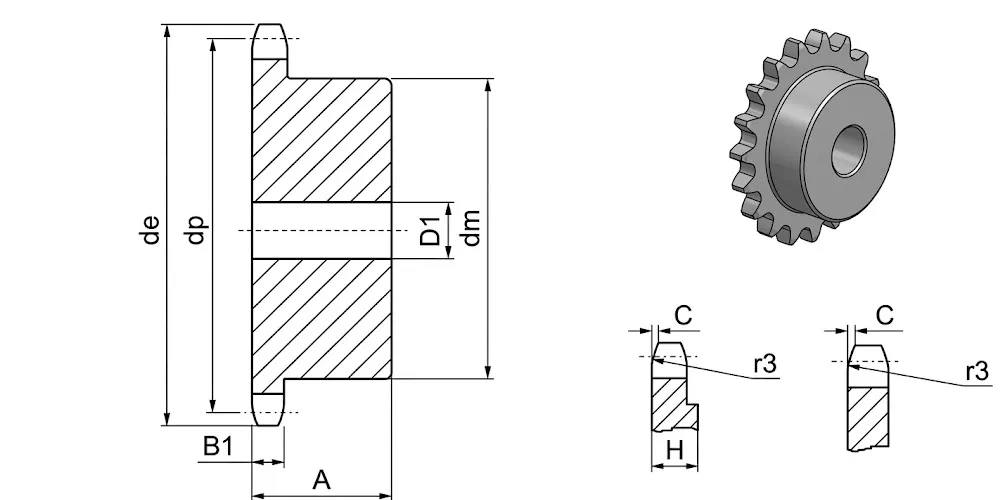 kettenrad-zahnrader-products-EP-1 2×3 16 European Sprockets-draft